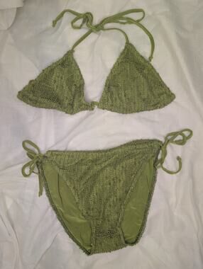 PLT Olive Green Crochet Knit Triangle Bikini 2 pc Set Size 10/M